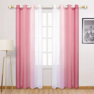 2-Pack Left and Right Gradient Color Single Color Rainbow Curtain Gauze Pink Blue Purple Gradient Gauze Curtain Punched Translucent Breathable Soft and Elegant