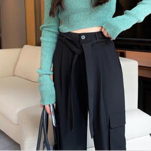 Wanita Celana Panjang Pinggang Tinggi Polos Longgar Besar Saku Bekerja Celana(+Sabuk)
