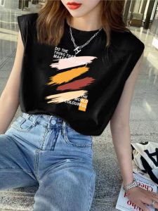 เสื้อยืดคอกลมแขนกุดพิมพ์ลายตัวอักษรสไตล์อเมริกันสำหรับฤดูร้อน เสื้อกั๊กสปอร์ตหลวมๆ สำหรับผู้หญิง เสื้อผ้าทำงานสไตล์เกาหลี