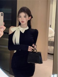 Elegant Butterfly Knot Long Sleeve Dress Women Early Autumn Color Block Short Skirt Highlight Figure Waist Cinch Butt Hugging Skirt