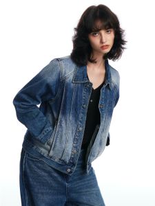 Sensory Garden American Retro Washed Gradient Split Stitching Denim Short Jacket Three-Dimensional Silhouette Cotton Womens Jacket