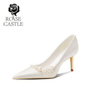 White Satin High Heel Single Shoes for Women Wedding Dresses Rose Castle Princess Style Fashionable Wedding Shoes