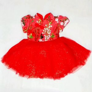 DRESS BAYI TUTU CHEONGSAM RED QIPAO IMLEK LENGAN PENDEK APLIKASI BORDIR