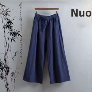 Retro Cotton Linen Wide Leg Pants Womens Loose Casual Versatile Straight Nine Point Pants Summer New Style High Waist Elastic