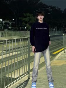 American Street Stylish Small Letter Print round Neck Long Sleeve Sweater T-shirt Student Trendy Loose Top Wear Mens Clothing