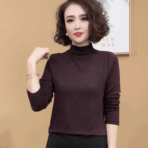Elegant Sparkle Half High Collar T-Shirt Fall Season