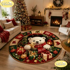VIKAMA 3D Snowman Round Rug Flannel Non Slip Circular Carpet Gift Pine Lantern Pattern Living Room Bedroom Floor Mat Xmas Decor