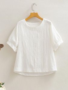 Loose Fit Cotton Linen Short Sleeve round Neck T-Shirt Womens plus Size Slimming Summer Top Embroidered Pure Color Front Short Back Long