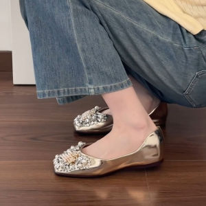 Pearl Rhinestone Flat French Slip-on Pumps Heel