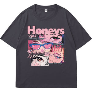 เสื้อยืดแขนสั้นสีเทาเข้มสไตล์อเมริกันสำหรับผู้หญิง แฟชั่นฤดูร้อน เสื้อผ้าสตรีสตรีทการ์ตูน คอกลม ทรงหลวม 100% คอตตอน