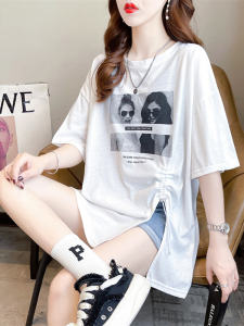 เสื้อยืดคอกลมแขนสั้นผ้าฝ้ายทรงหลวมเอวยางยืดสำหรับผู้หญิง ดีไซน์ไม่สมมาตร สำหรับฤดูร้อน