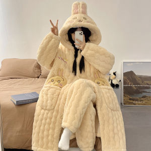 Winter Thickened Fleece Coral Velvet Robe Womens Style Cartoon Pijama Set with Cotton Sandwich Print Home Clothes