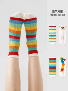 ถุงเท้าผ้าฝ้ายลาย Caterpillar สำหรับเด็กผู้หญิง ถุงเท้าผ้าตาข่ายบางลายริบบิ้นสีสันสดใส ถุงเท้ากลางน่อง น่ารัก สำหรับเด็ก ฤดูใบไม้ผลิและฤดูร้อน