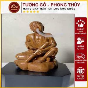 tượng ông lão hút thuốc lào xông trầm cuộc sống giản dị thanh bình gắn bó truyền thống gỗ bách cao 20-13-10cm
