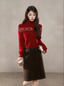 YIKEXIAOYEMEI | Áo Sweater Fair Isle Đỏ Thời Trang