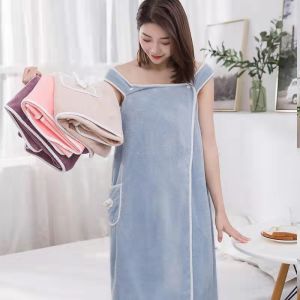 1PC Womens Quick-Dry Absorbent Bath Towel Wrap with Pocket Soft Coral Pink Polyester Wearable Robe for Spa Travel & Bathroom
