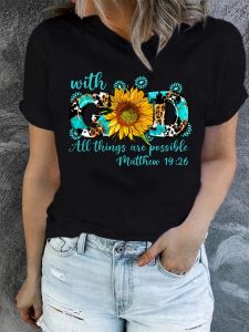 With God All Things Are Possible Womens Tee - Sunflower & Leopard Print Graphic Faith-Inspired Casual Top