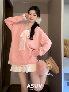 Sweet College Style Korean Atmosphere Miu Suit Small Size Set Autumn Womens Dress High Waist A-Line Skirt Long Sleeve V-Neck