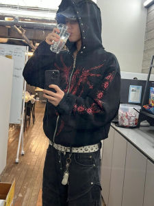 Thug Club Heavy Weight Keel Demon Printed Rivets Distressed Loose Long Sleeves Zipper Hooded Sweatshirt Sweatshirt Outwear