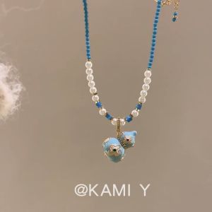 Blue Turquoise Gourd Necklace New Chinese Style Fashionable Elegant Sweater Chain Alloy Embedded Artificial Gem Geometric Pattern for Women