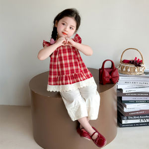 Girls Summer Outfit Flying Sleeve Plaid Wide Leg Pants Two Piece Set Childrens Korean Style Baby Fashion Clothes Set