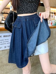 High Waist Cotton Denim Skirt for Women Plus Size Loose Fit Waistband Adjustable Slimming Design Mid-Length Workwear