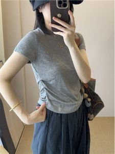 เสื้อยืดคอกลมแขนสั้นผ้าฝ้ายแท้ทรงเข้ารูปสำหรับผู้หญิงในช่วงฤดูร้อน เสื้อตัวบนเอวเข้ารูป ทรงเข้ารูป สไตล์เกาหลี