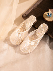 Elegant Embroidered Ethnic Style Womens Summer Open Toe Slippers Breathable Mesh Slip-On Shoes Fashion Soft Bottom Sandals