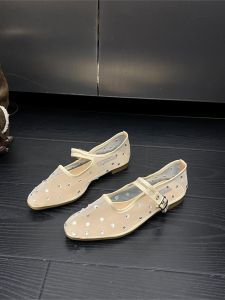 Mary Jane Single Shoes Soft Bottom Mesh Breathable Evening Wind Elegant Diamond Embellished Womens Fashion Flat Shoes