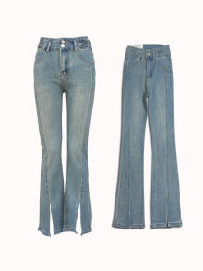 High Waist Retro Slim Fit Thin Summer High Elasticity Denim Womens Long Pants 2 Button Bell Bottom Cotton Stretch Jeans