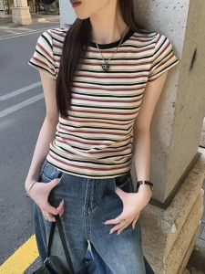 Striped Round Neck T-shirt for Women Short Sleeve Korean Style Casual Striped T-Shirt Top(Red/Blue)