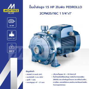 PEDROLLO ปั๊มน้ำส่งสูง 1.5 HP 2ใบพัด รุ่น 2CPM25/16C 1 1/4"x1" ไฟฟ้า จำหน่ายโดย Montree More