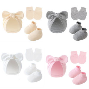 3Pcs/set Baby Bow Hat Gloves Socks Cotton Newborn Beanie Solid Color Bonnet for Girls Boys Infant Shower Gifts 0-6M