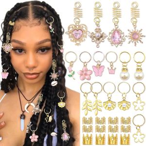 36Pcs Flower Heart Butterfly Glitter Rhinestone Dreadlock Gem Flower Hair Extension Ring Set