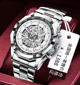 Original Mens Mechanical Wristwatch Pure Mechanism Business Style Skeleton Design Night Light Waterproof Calendar Large Dial