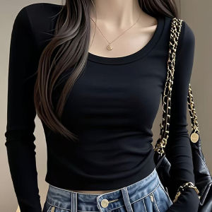 Áo Thun Cotton Dài Tay Cổ Chữ U Màu Hồng Ngọt Ngào Mùa Thu Thời Trang Đầu Thu Cạp Cao Vai Thường Giảm Béo Áo Thun