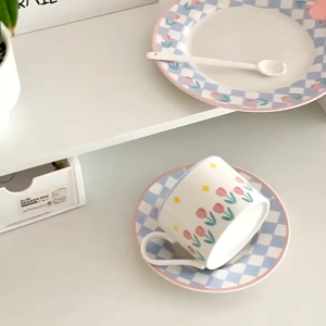 จานเค้ก น้ำชายามบ่าย สลัด เค้ก ของว่าง จานเซรามิค 8 นิ้ว สไตล์เกาหลี สีฟ้า