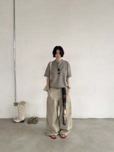 XXDIRLY American Deconstructed Design Large Pocket Side Womens Loose Wide Leg Casual Pants Workwear Cotton Natural Waist