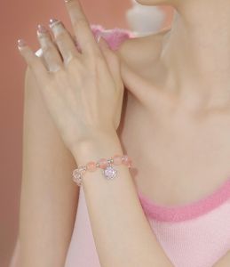 ZHOU LIU FU 周六福 S925 สร้อยข้อมือเงินสเตอร์ลิง อาเกตสีชมพู สร้อยข้อมือลูกปัดแก้ว 17cm J1914473