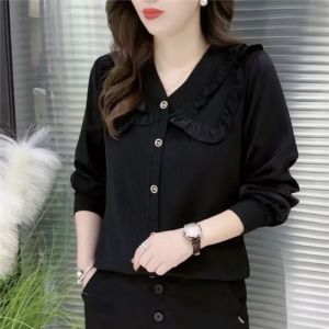 Elegant V-Neck Long Sleeve Shirt Womens Slimming Top Trendy Anti-Aging Design Large Size Autumn Commute Pure Color Businesswear