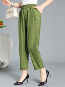 กางเกงลำลองผ้าไหมน้ำแข็งบางฤดูร้อน กางเกงขายาวทรงหลวมสำหรับคุณแม่ ทรงหลวม สำหรับผู้หญิงวัยกลางคนและผู้สูงอายุ กางเกงขายาวทรงหลวม