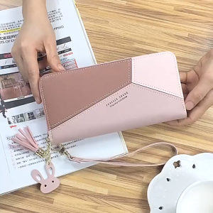 UISNMALL Womens Wallet Long Style Three-Tone Color Block Zippered Phone Bag Student Money Clip Leather Purse#6059