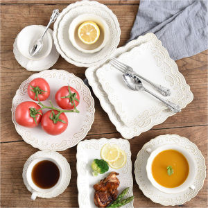European-Style Retro Embossed Ceramic Bowl Plate Rice Bowl Salad Bowl Dual Handle Noodle Bowl Dish Afternoon Tea Square Steak Plate