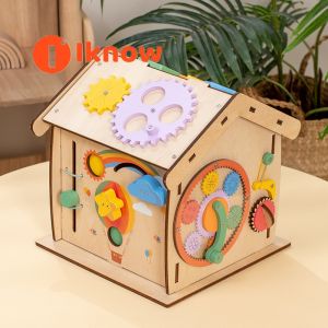 I know Montessori Wooden Multifunctional Busy House - Six-Sided Activity Cube for Early Childhood Education and Development