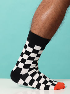 SOX&CO. Business Mens Mid-Calf Formal Socks Black White Plaid Cotton Ins Four Seasons Model Mens Sports Socks