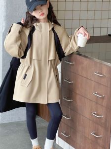 MPW | Girls Mid-Length Windbreaker Jacket Korean Style Spring Autumn Fashionable Coat With Hood Waist-Cinching Trendy Childrens Wear