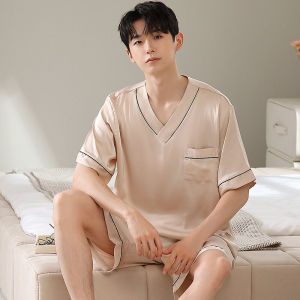 ชุดนอนผ้าไหมน้ำแข็งแขนสั้นคอตตอนสำหรับผู้ชายในฤดูร้อน ชุดนอนแบบสวมหัว ชุดนอนผ้าไหมน้ำแข็ง ชุดนอนผ้าไหม ชุดนอนแขนสั้น ชุดนอนผ้าฝ้าย