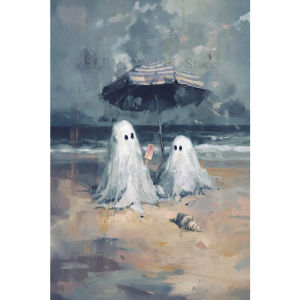 Coastal Beach Ghost Canvas Prints Cute Spooky Ghost Sunset Ocean Pumpkin Wildflower Beach Gallery Wall Art Halloween Decor Gift