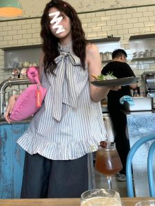 Summer  Butterfly Knot Striped Shirt Womens Sleeveless Stand Collar Korean Style Fashionable Streetwear Mini Top