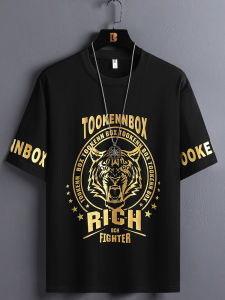 ZhanChao Brand Gold Stamp Tiger Head Print Fashionable Short Sleeve T-Shirt Mens Loose Fit Youthful Summer Casual Knitted Cotton Tee